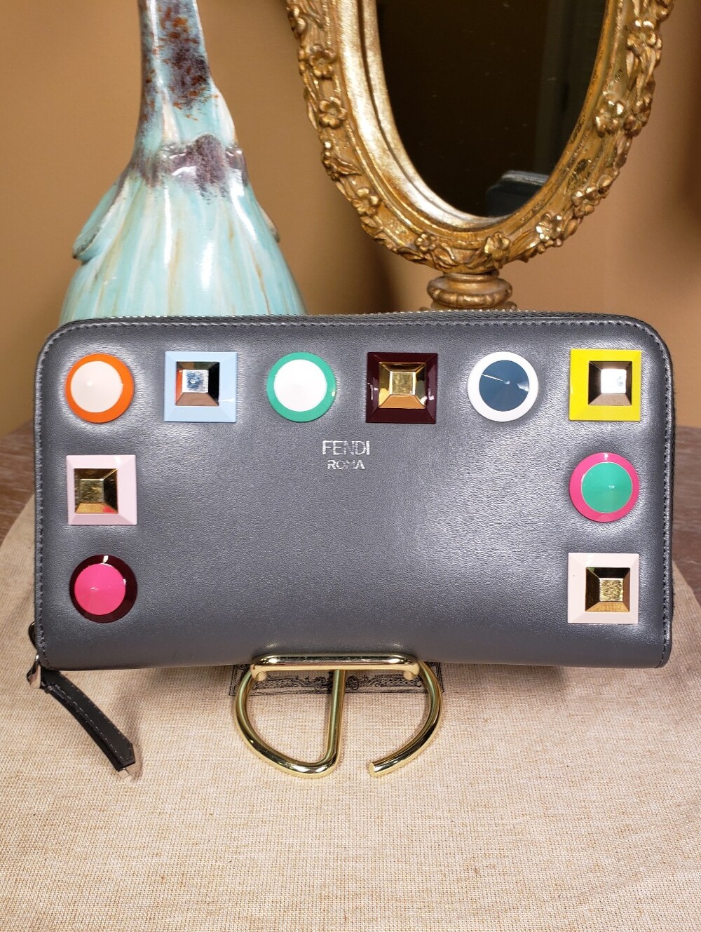 Fendi Gray Leather Zip Around Wallet w/ Multicolor Geometric Studs NWOT! ($950) - Picture 1 of 11